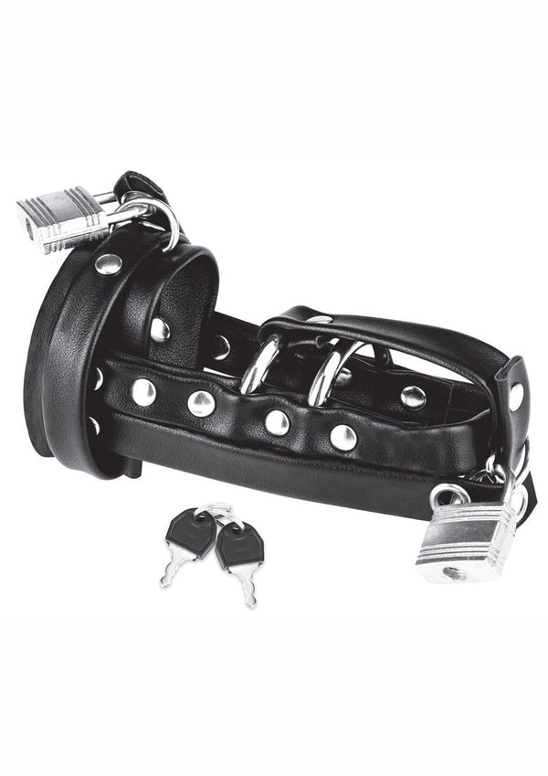 Blue Line C and B Gear Gimp Cock Locking Chastity Sheath with Metal Double Cock Ring - Black/Metal