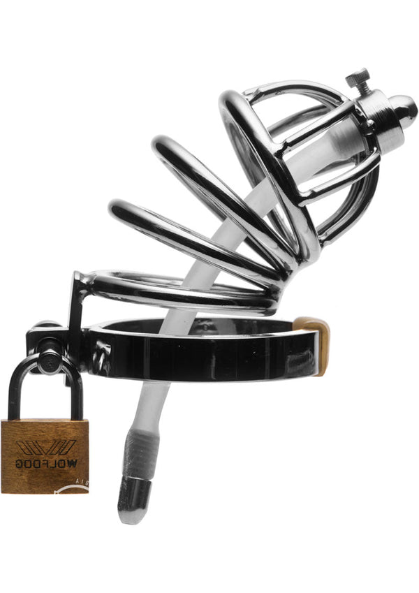 Master Series Stainless Steel Chastity Cage with Silicone Urethral Plug